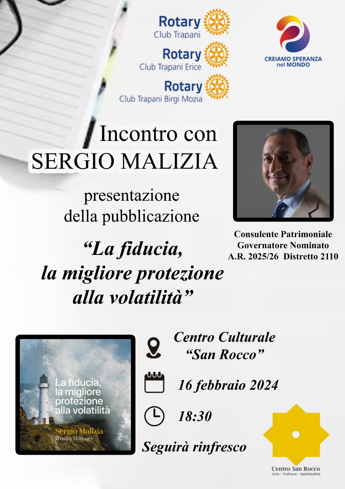 INCONTRO CON SERGIO MALIZA “GOVERNATORE NOMINATO A.R. 2025/2026 PRESENTAZIONE DELLA PUBBLICAZIONE “ LA FIDUCIA LAMIGLIORE PROTEZIONE ALLA VOLATILITA’